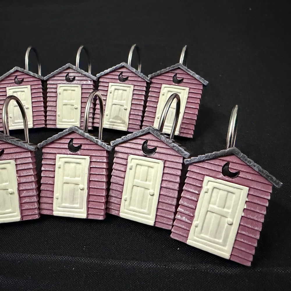 VTG Set 12 Rustic Outhouse Shower Curtain Hooks Mauve Pink Resin Crescent Moon